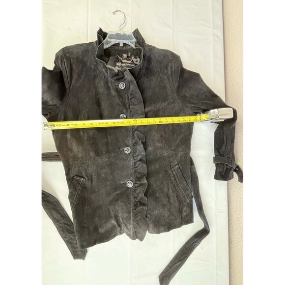 Pamela McCoy Couture Suede Leather Jacket Coat Size L Ruffle Belted Boho Witchy - Picture 9 of 16